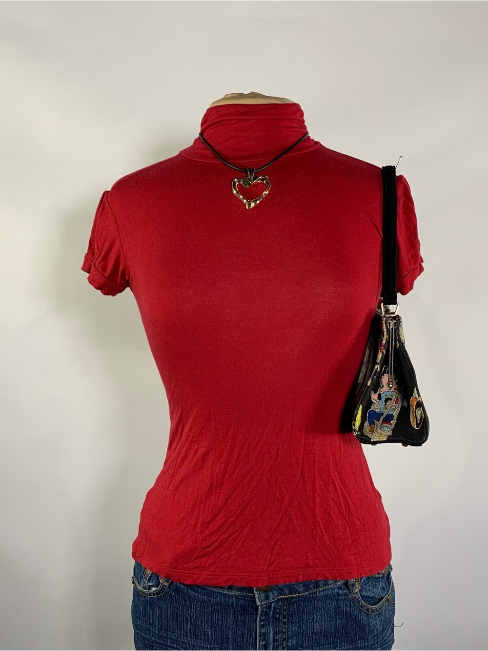 Y2K Fleurish Red Mock Neck Ruched Sleeve Fitted Top M